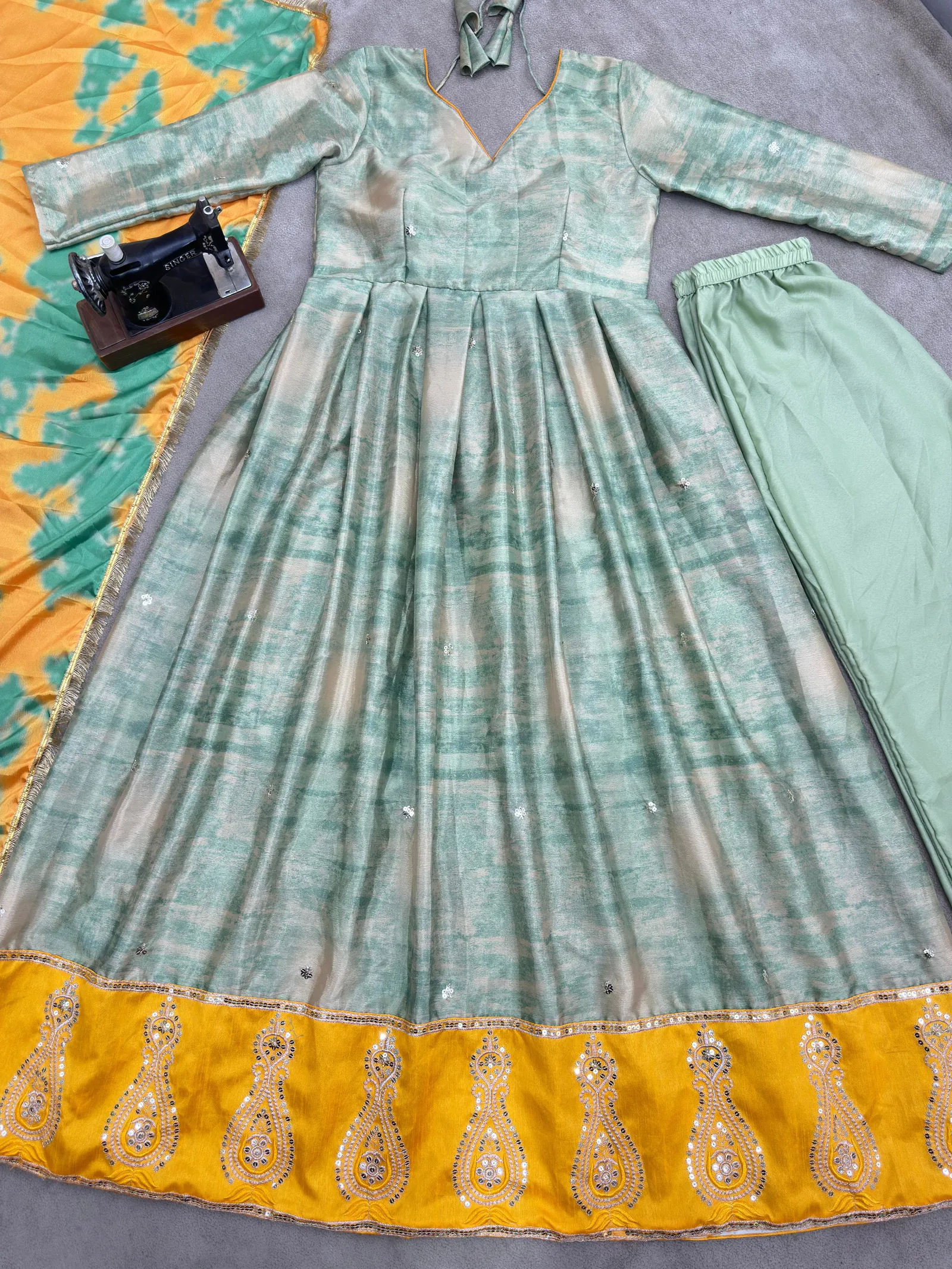 Dvd 5097 Chinon Silk  With Digital Print With Embroidery Gown Exporters In India